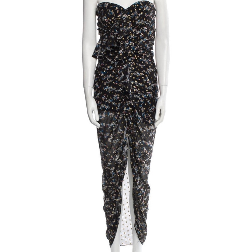 Veronica Beard Black Floral Strapless Ruched Midi Dress